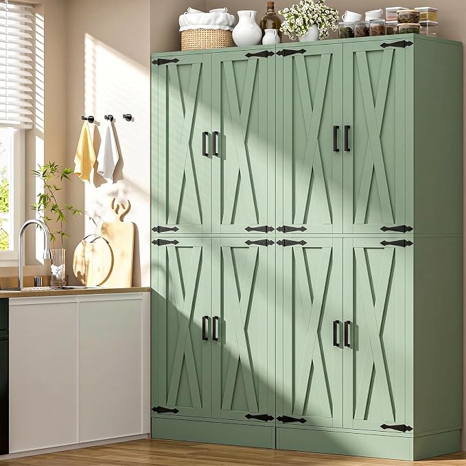 Unikito 71" Tall Kitchen Pantry Storage Cabinet with Farmhouse Barn Doors and Storage Drawer, 4 Adjustable Shelves, Freestanding Cupboard for Dining Room, Living Room, Utility Room, Green