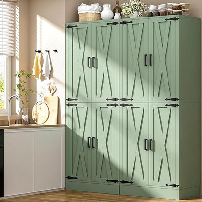 Unikito 71" Tall Kitchen Pantry Storage Cabinet with Farmhouse Barn Doors and Storage Drawer, 4 Adjustable Shelves, Freestanding Cupboard for Dining Room, Living Room, Utility Room, Green