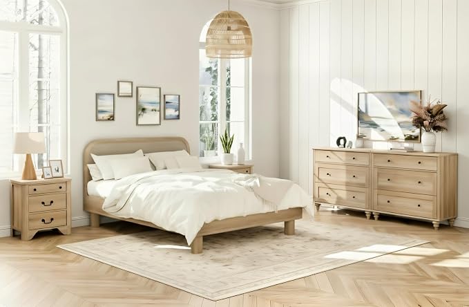 WAMPAT 4 Piece Bedroom Set - Includes Farmhouse 3 Drawer Storage Cabinet, Set of 2 Bedside Tables with Charging Station, Dresser and Nightstand Sets, Oak