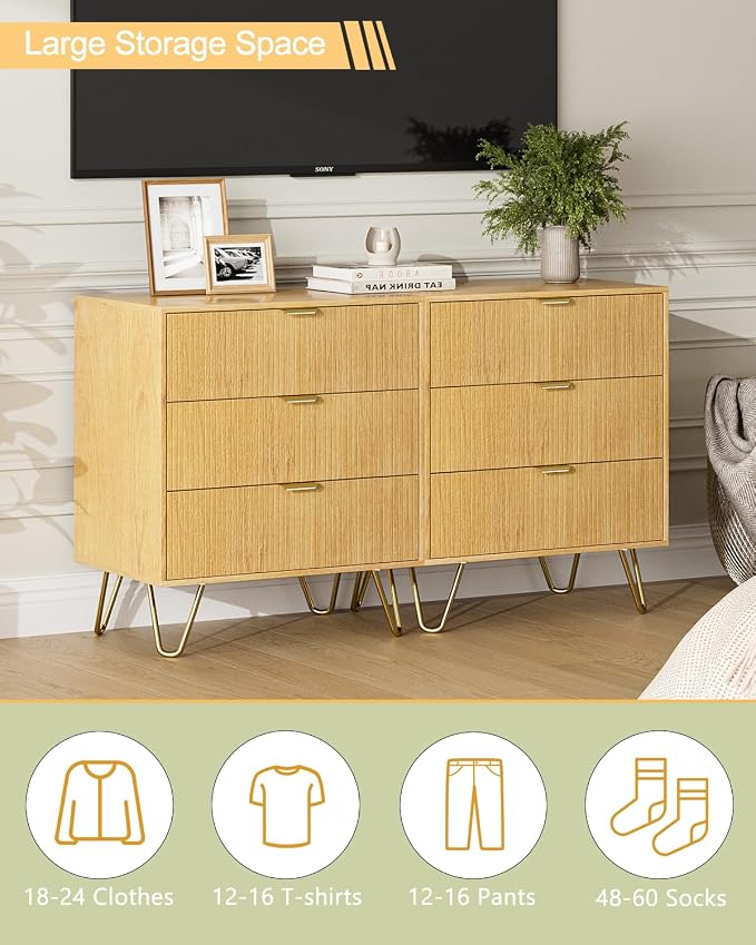 Oak Dresser for Bedroom, Modern Fluted 3 Drawer Dresser with Storage, Dresser Chest of Drawers with Gold Handles for Bedroom, Living Room, Closet, Hallway, 15.8" D x 23.6" W x 27.6" H