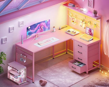 MOTPK L Shaped Gaming Desk with Drawers & LED Light & Power Outlet, 43" Reversible Computer Table with Shelves & Hooks for Home Office, Carbon Fiber Pink