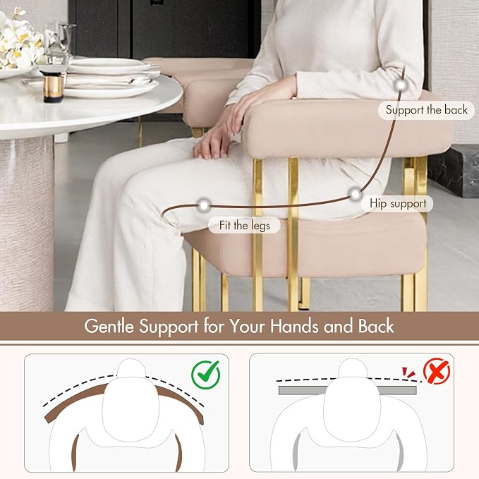 Hyfirm Velvet Dining Chairs Set of 2, Khaki Upholstered Barrel Armchairs with Gold Metal Legs for Kitchen Island, Mid Century Modern Accent Side Chairs for Dining Room and Living Room, Open-Back