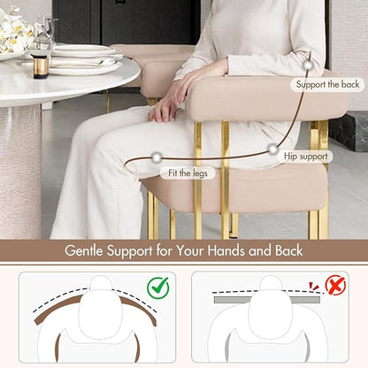 Hyfirm Velvet Dining Chairs Set of 6, Khaki Upholstered Barrel Armchairs with Gold Metal Legs for Kitchen Island, Mid Century Modern Accent Side Chairs for Dining Room and Living Room, Open-Back