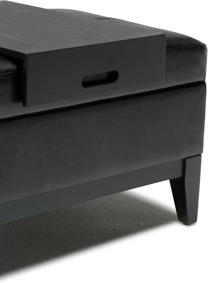 SIMPLIHOME Oregon Storage Ottoman Bench with Tray - 42 inch Wide Upholstered Vegan Leather Rectangle Ottoman Bench in Midnight Black, Transitional Tufted Ottoman for Living Room with Lift-Up Lid