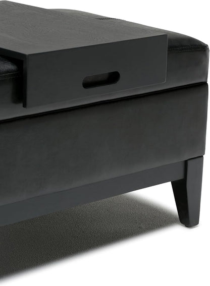 SIMPLIHOME Oregon Storage Ottoman Bench with Tray - 42 inch Wide Upholstered Vegan Leather Rectangle Ottoman Bench in Midnight Black, Transitional Tufted Ottoman for Living Room with Lift-Up Lid