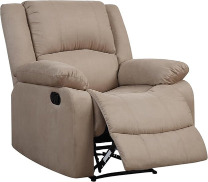 Warren 35.5" Manual Pull-Handle Recliner, Traditional Overstuffed, Pocket Coil Comfort, Black Metal Base Legs, Soft Microfiber Fabric, Beige
