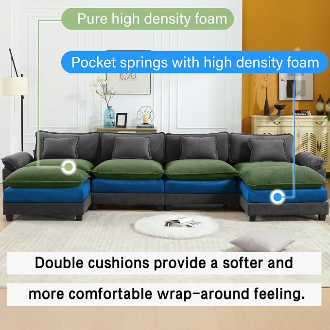 Oprisen 154" Modular Sectional Sofa, Comfy Cloud Couch Sectional Sofa with Ottoman, Velvet Sofa Sleeper Deep Seat Sofa with Throw Pillows for Living Room (Blue Gray, 154"- U Shape)