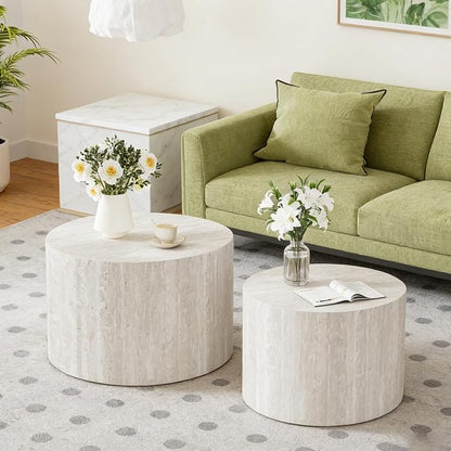 Round Nesting Coffee Tables Modern Travertine Coffee Table Small Round Coffee Tables Circular Side Table Accent End Table Nested Coffee Table Set for Living Room (Travertine)
