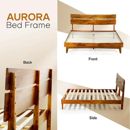 Acacia Aurora Wooden Bed with Headboard, King Size Bed Frame, 800lbs Capacity Wood Bed Compatible with All Mattress Types, Non-Slip & Noise-Free, Wood Slats Support, Easy Assembly, Caramel.