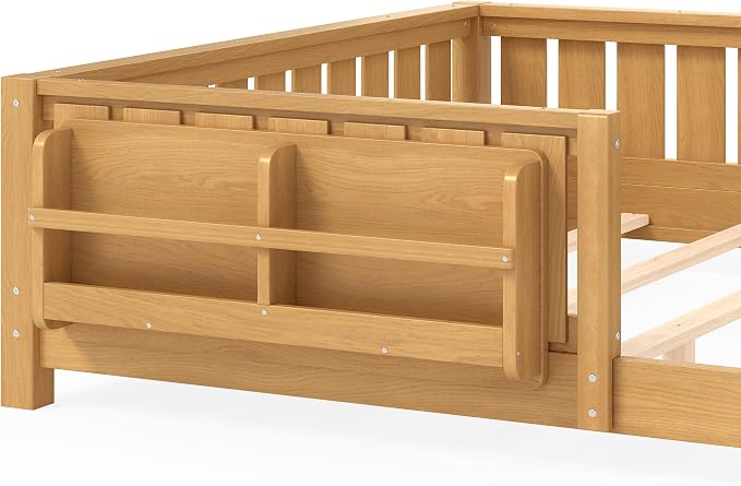 Bellemave Queen Size Floor Bed with Slats and Safety Guardrail, Queen Size Montessori Floor Bed with Fence and Built-in Bookshelf, Easy Assemble Montessori Beds for Girls, Boys, Deep Natural