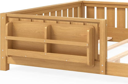 Bellemave Queen Size Floor Bed with Slats and Safety Guardrail, Queen Size Montessori Floor Bed with Fence and Built-in Bookshelf, Easy Assemble Montessori Beds for Girls, Boys, Deep Natural