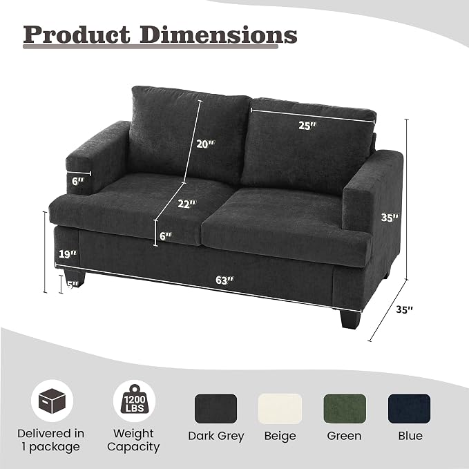 Apicizon Loveseat Set of 2 & 3-Seater Sofa, 3 Piece Set Comfy Couch for Living Room, Modern Lounge Sofa Couch for Apartment Lounge, Dark Grey Chenille