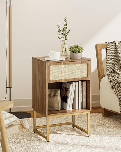 Masupu Rattan Nightstand,Modern Night Stand Boho Farmhouse Wood Bedside Table with Storage Drawer Side End Table for Bedroom, Office,Walnut Brown