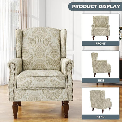 High Back Accent Chairs Set of 2, Fabric Wingback Chair Floral Upholstered Armchair for Living Room - White
