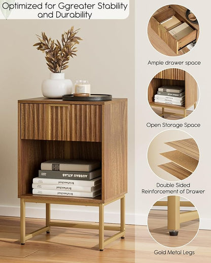 Masupu Fluted Nightstand,Modern Night Stand Wood Bedside Table with Storage Drawer Side End Table for Bedroom,Office,Walnut Brown