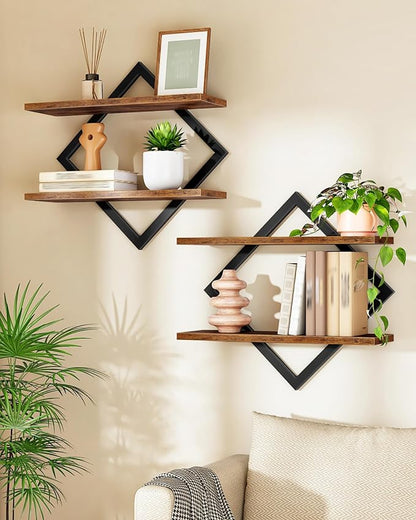 CHOEZON Floating Shelves, Set of 2 Wall Shelves, 2-Tier Hanging Shelves, Wall Shelf Set of 2, Wall Mounted Shelves, for Living Room, Bedroom, Kitchen, Office, Study, Rustic Brown TBJ01P2BF