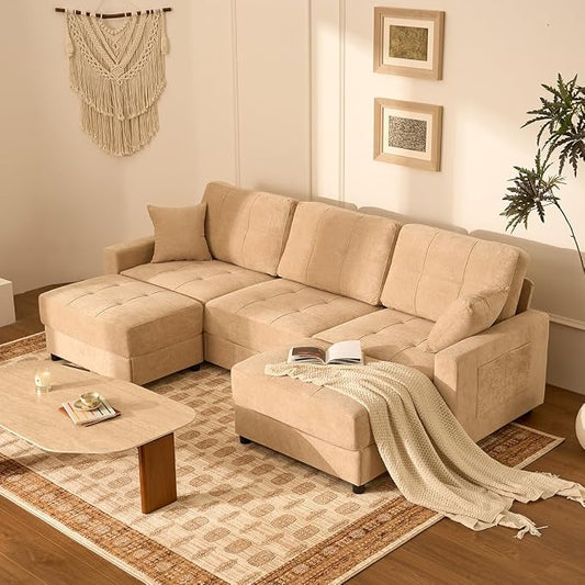112" U Shaped Modular Cloud Sectional Couch, Waffle Fabric, Oatmeal Beige | Modular Deep Seat Sofa, Movable Ottoman, Pocket Spring Cushions, 2-Box Delivery, Living Room Lounge Use, Not Boneless
