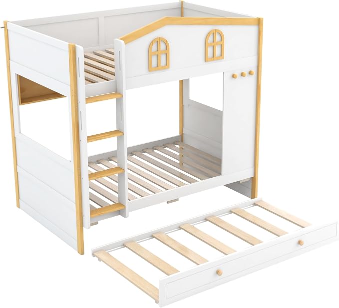 Merax Twin Over Twin Size House Bunk Bed with Storage Shelves & Pull-Out Trundle, Solid Wood Space-Saving Loft Bed Frame with Safety Guardrails for Bedroom, White+Natural