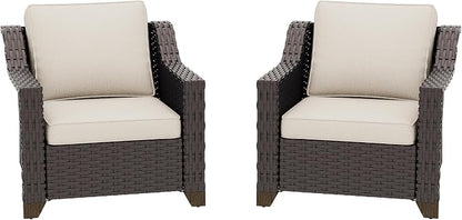 Patio 2 Pieces Wicker Chairs Set of 2，Outdoor PE Rattan Armchairs, Water-Resistant Cushions with Removable and Washable Covers, Porch, Balcony, Sunroom (Beige)