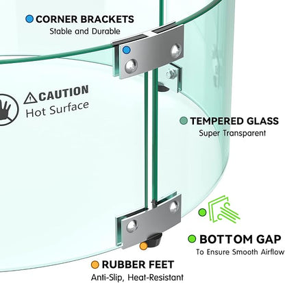 Skyflame 17" Round Fire Pit Glass Wind Guard, Clear Tempered Glass Flame Shield for Outdoor Propane/Natural Gas Fire Pit/Table
