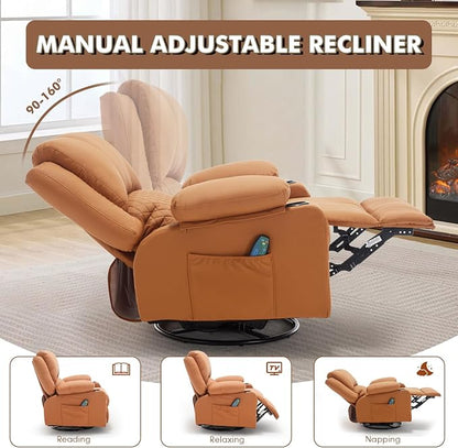 Faux Leather Recliner Chair with Heat and Massage Cup Holder, Overstuffed Swivel Rocker Recliner Chair Rocking Glider Chair Lounge Chair, Orange