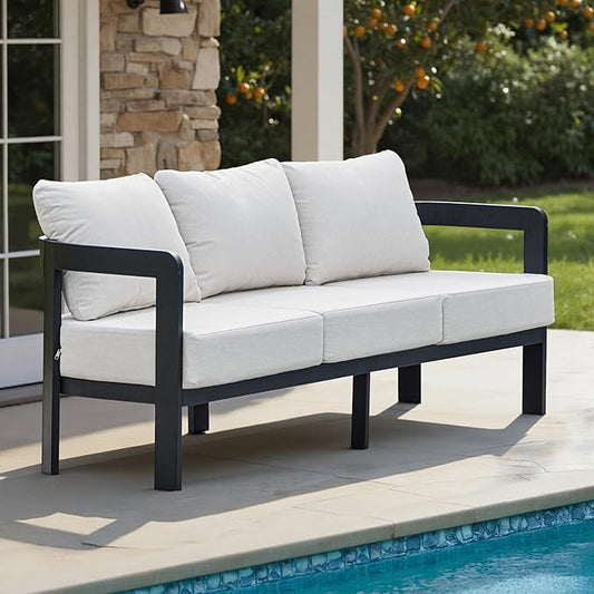 Outdoor Patio Sofa, 3-Seat All-Weather Metal Modern Couch with Washable Thick Cushion for Garden/Backyard/Porch, White