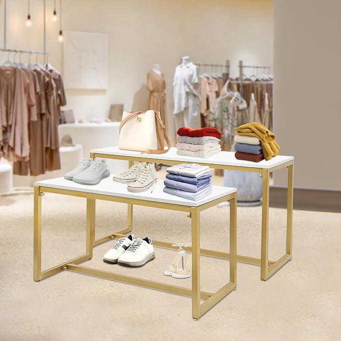 2-Piece Set Gold Modern Nesting Tables, Metal Shoe Handbag Retail Display Racks, Metal Display Riser Shelf for Shoes, Handbags, Home, Clothing Shops, Retail Stores