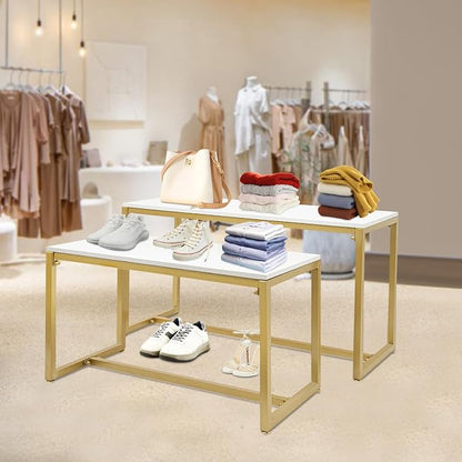 2-Piece Set Gold Modern Nesting Tables, Metal Shoe Handbag Retail Display Racks, Metal Display Riser Shelf for Shoes, Handbags, Home, Clothing Shops, Retail Stores
