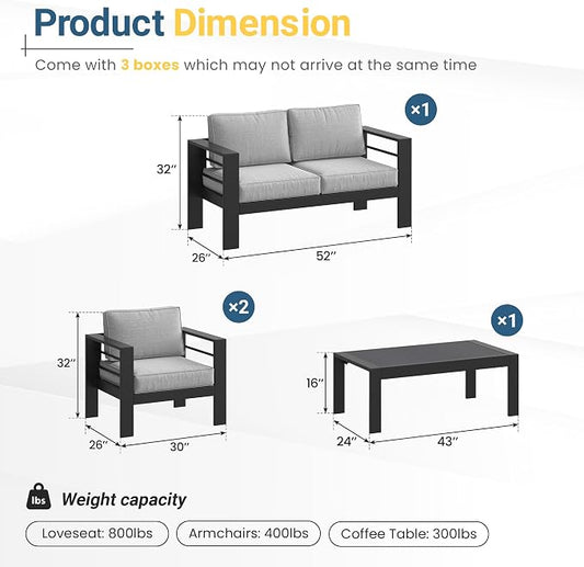 Solaste Aluminum Patio Furniture Set for All Weather, Oversized Metal Outdoor Furniture Set with 27.5" Deep Seating and 3.2" Wide Armrest, Outdoor Patio Conversation Sets with 10" Back Suport Cushion