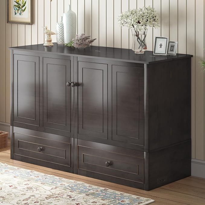 BALUS Queen Size Murphy Bed Cabinet with Tri-Fold Memory Foam Mattress, USB Charging Station, Cabinet Murphy Beds with Storage Drawer, Guest Wall Bed for Living Room Home Office, Grey