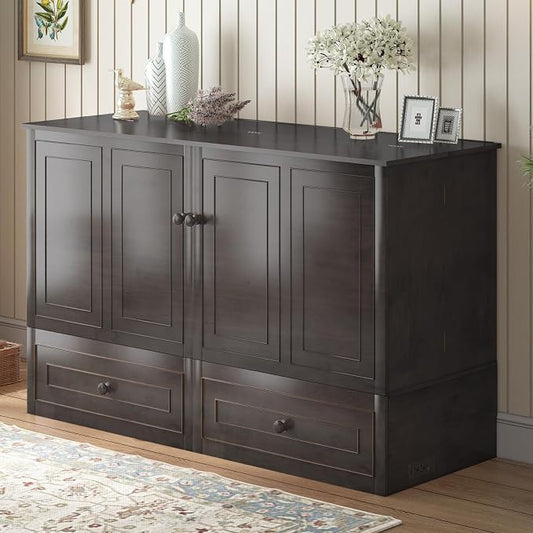 BALUS Queen Size Murphy Bed Cabinet with Tri-Fold Memory Foam Mattress, USB Charging Station, Cabinet Murphy Beds with Storage Drawer, Guest Wall Bed for Living Room Home Office, Grey