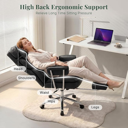 Executive Ergonomic Office Chair, PU Leather High Back Reclining Office Chair with Footrest and Lumbar Support, Height Adjustable Rolling Swivel Computer Chair for Home Office,Black