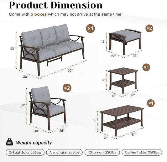 FansaFurn 7-Pieces Outdoor Patio Furniture Set, Outdoor Metal Sectional Furniture with Cushions, Outdoor Conversation Seating Set with Coffee Table for Backyard,Garden, Balcony, Deck, Backyard, Grey