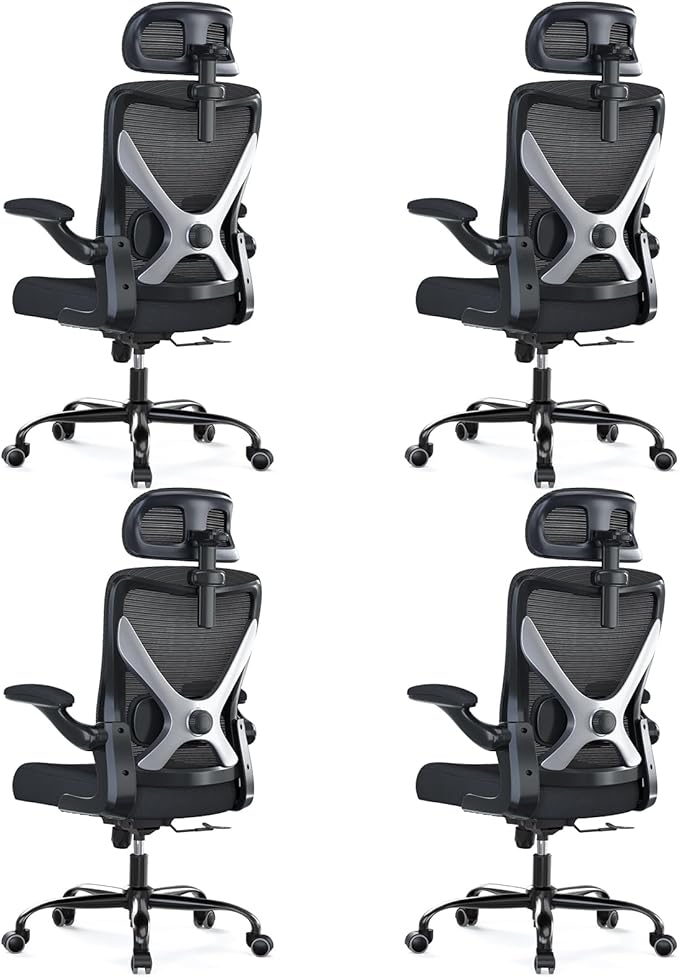 Ergonomic Office Chair - X-Shaped Computer Desk Chair Comfy, Gaming Chair, Office Chair with Lumbar Support, Mesh Office Chairs with Headrests, Desk Chair for Long Hours, Black Silver, Pack of 4