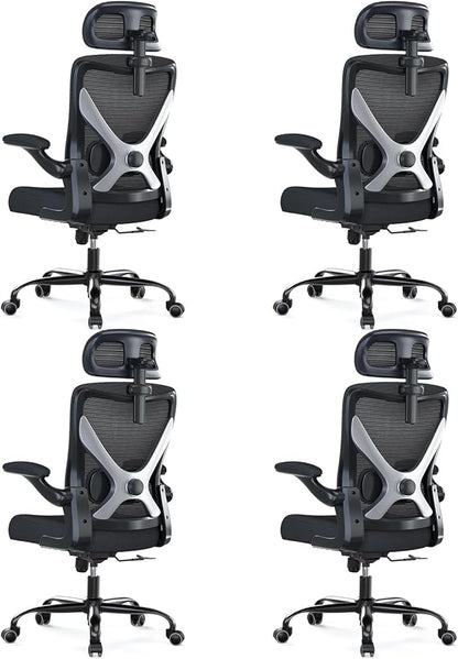 Ergonomic Office Chair - X-Shaped Computer Desk Chair Comfy, Gaming Chair, Office Chair with Lumbar Support, Mesh Office Chairs with Headrests, Desk Chair for Long Hours, Black Silver, Pack of 4