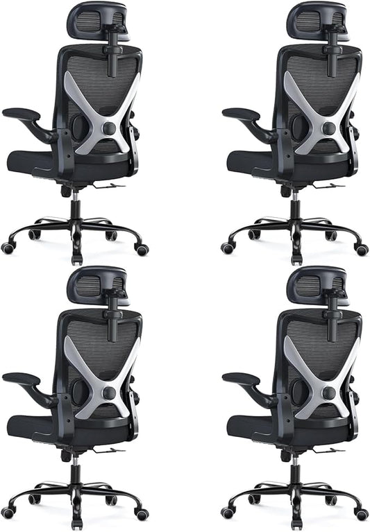 Ergonomic Office Chair - X-Shaped Computer Desk Chair Comfy, Gaming Chair, Office Chair with Lumbar Support, Mesh Office Chairs with Headrests, Desk Chair for Long Hours, Black Silver, Pack of 4
