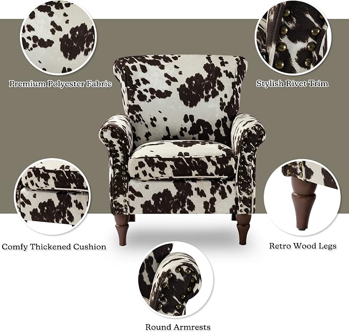 HULALA HOME Modern Wingback Accent Chair with Removable Cushion & Wood Legs, Comfy Upholstered Armchair with Nailhead Trim, Floral Pattern Single Sofa Chair for Bedroom Living Room, Cowhide