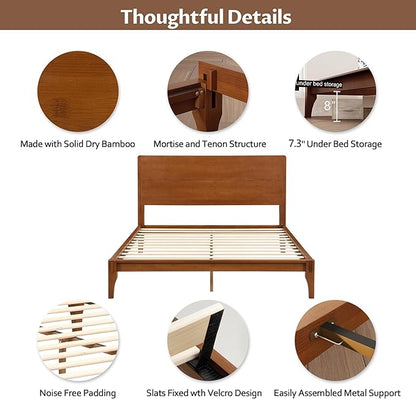 Merax King Size Bamboo Platform Bed, Mid-Century Modern Bed Frame with Tall Headboard, Solid Sustainable Bedframe King-Size, Wood Slat Support, No Box Spring Needed, Easy Assembly, Noise Free, Brown
