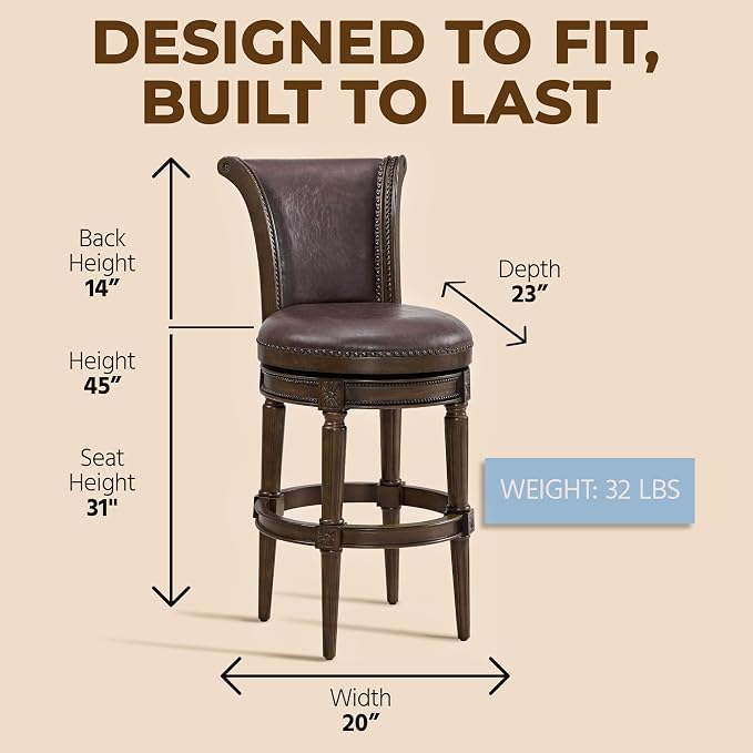 ROME + OAK Set of 4 Runyan 31" Swivel Bar Stool, High Back Barstool in Dark Walnut Finish with Vintage Brown Vegan Leather Seat