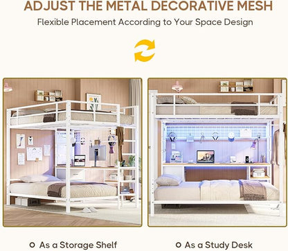 DICTAC Bunk Bed Full Over Twin with Desk and Led Lights Metal Full Over Twin Size Bunk Bed with Charging Station,Storage Shelves and Drawer,Bunk Beds for Teen/Adult with Safety Guard & Ladder,White