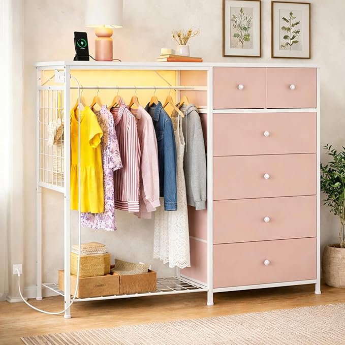 Simple Deluxe Storage Clothes Rack with 6 Drawers, Charging Station & LED Lights, Fabric Chest Shelves Clothing Rack, Wooden Portable Wardrobe Closet, 49.2" W x 15.7" D x 47.2" H, PINK