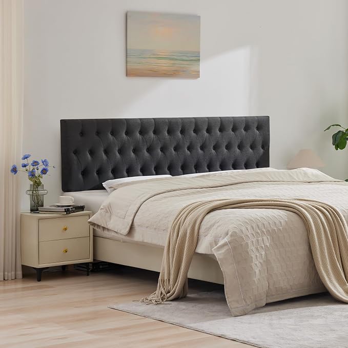 Tufted Upholstered Twin Size Bed Headboard in Modern Button Design, Adjustable Solid Wood Head Board, Premium Linen Fabric Padded Headboards in Bedroom (Dark Grey)