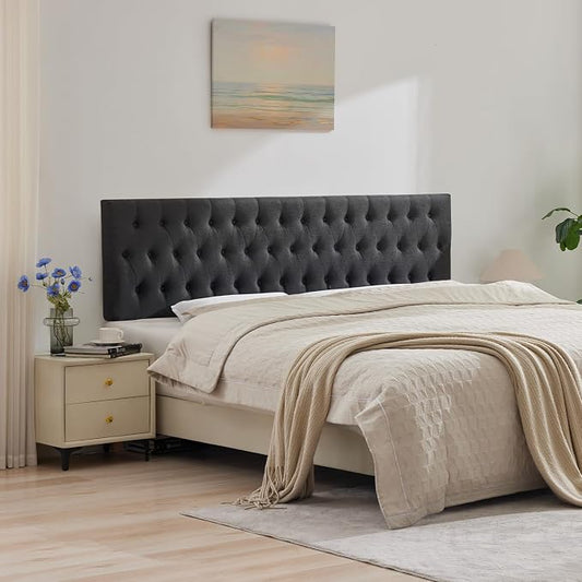 Tufted Upholstered Twin Size Bed Headboard in Modern Button Design, Adjustable Solid Wood Head Board, Premium Linen Fabric Padded Headboards in Bedroom (Dark Grey)