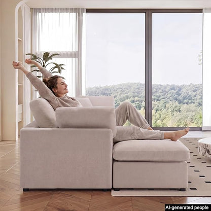 Modular Cloud Sectional Couches for Living Room, Large Modular Sectional Sofa with Ottoman, L Shaped 3 Seater Couch with Pillow, Beige - Chenille