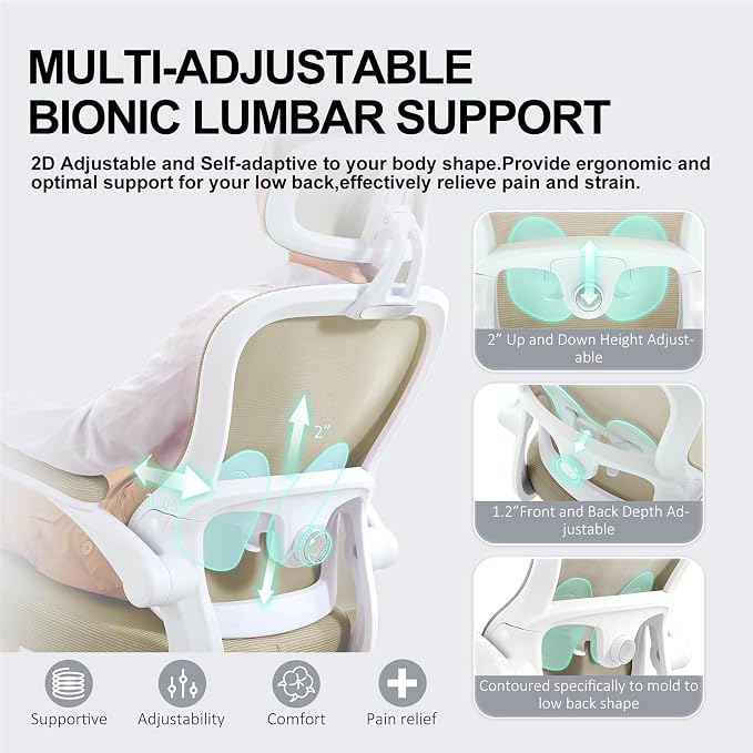 Ergonomic Office Chair,Ultra Thick Spring Cushion Desk Chair,Khaki | Adjustable Lumbar Support and Headrest,Flip-up Arms,Rocking Function,Mesh Home Office Computer Chair