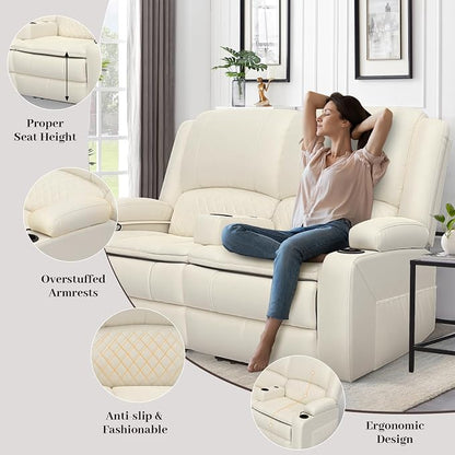 Yolsali Loveseat Recliner Sofa, Manual Reclining Loveseat with Removable Armrest, PU Leather Double Recliner for RV with 2-Tier Cushions, USB Charging Ports, Cup Holders - Ivory White