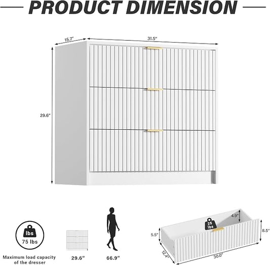 Furniway White Dresser for Bedroom, Modern Dresser with 3 Drawers and Smooth Slides, Wide Chest of Drawers with Golden Handles for Bedroom, Living Room, Closet, 15.7" D x 31.5" W x 29.6" H