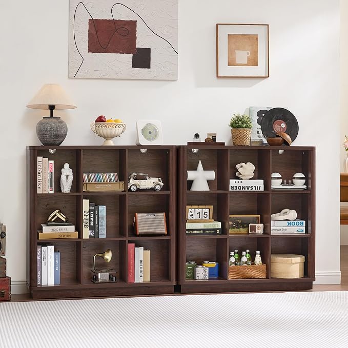 Joaxswe 9 Cube Bookshelf, 40.5" Wide Organizer Bookcase with Curved Edge, Wood Floor Standing 3-Tier Cubby Book Shelf with Base, Vintage Display Storage Cabinet for Living Room, Home Office, Walnut