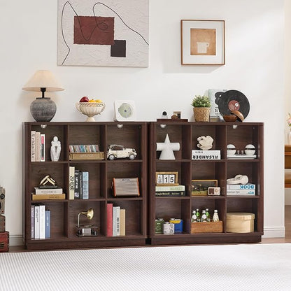 Joaxswe 9 Cube Bookshelf, 40.5" Wide Organizer Bookcase with Curved Edge, Wood Floor Standing 3-Tier Cubby Book Shelf with Base, Vintage Display Storage Cabinet for Living Room, Home Office, Walnut