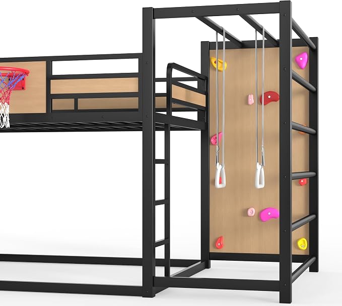 Bellemave Full Size Bunk Bed with Basketball Hoop, Pull-up Rings and Climbing Wall, Full Bunk Bed with Slide and Bookcase, Heavy Duty Bunk Beds with Guardrail, Natural